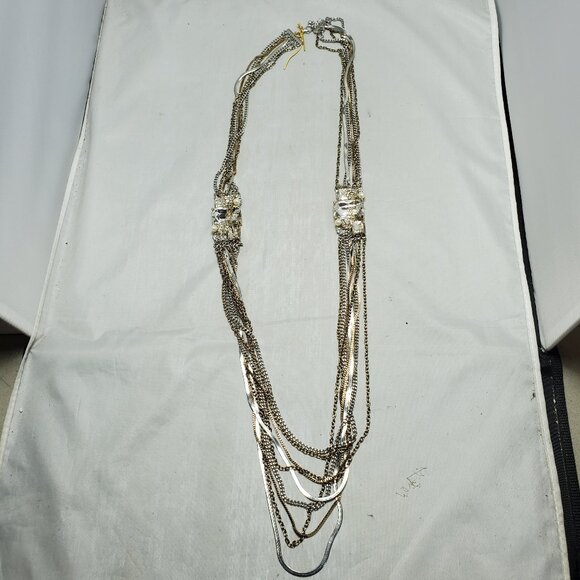 Bijou multi-strand necklace with gold & silver chains with glass stones - Picture 5 of 10